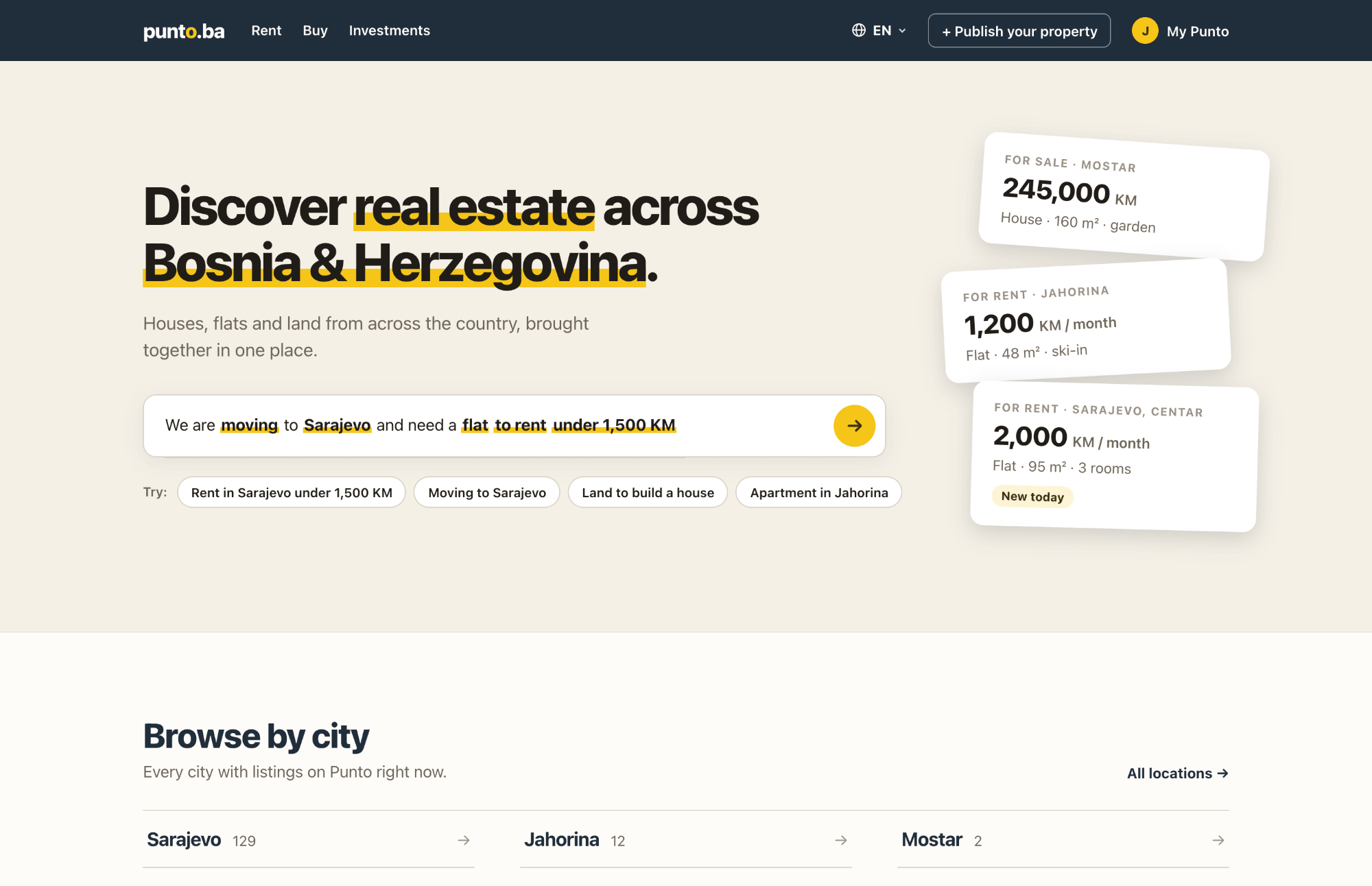 Punto homepage on desktop, with search and featured listings