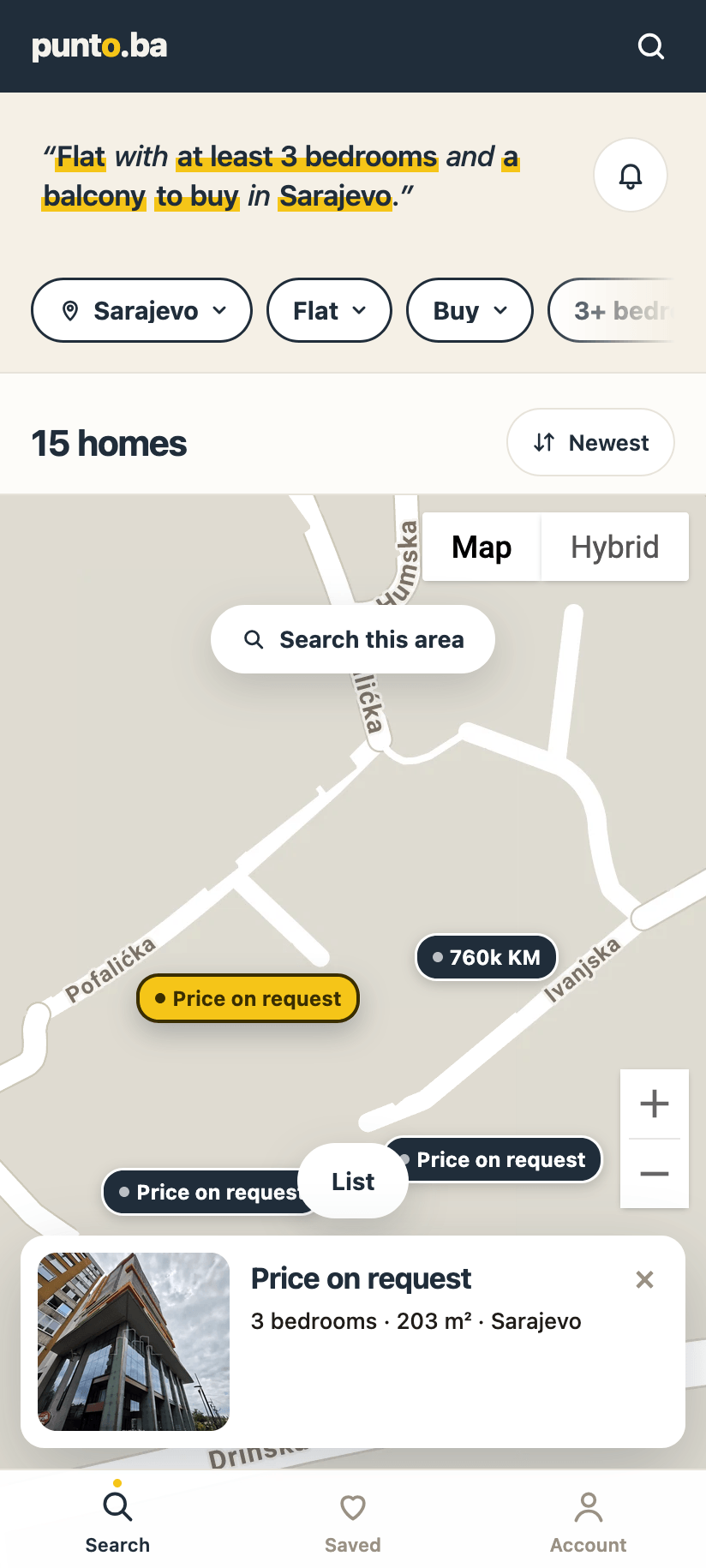 Punto property search with map on mobile